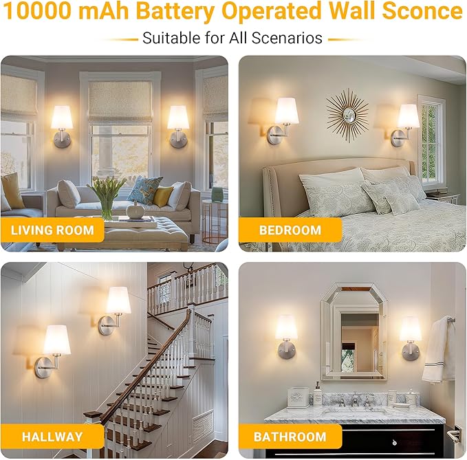 Vimhou Peel and Stick Wall Sconces, Stick On Wall Sconce Set of 2, Battery Operated Wireless Wall Light, No Drill Adhesive Wall Lamp, Corn Bulb with 10000mAh Rechargeable Battery, Bedroom Wall Decor