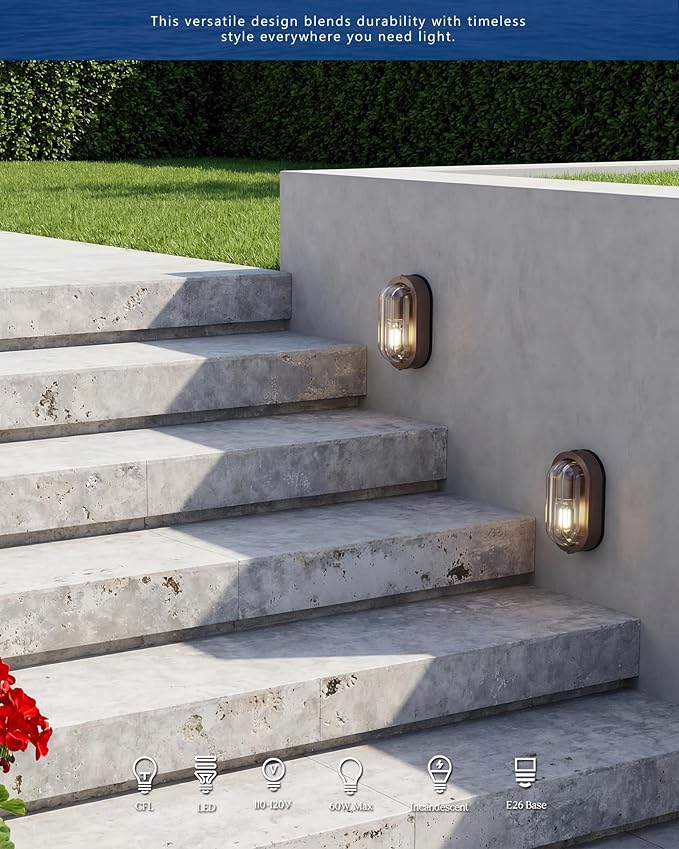 FEMILA 8.5" ORB Oval Bulkhead Light, Outdoor Wall & Ceiling Flush Mount Sconce, Nautical Outdoor Lighting Aluminum with Ripple Glass, Outdoor Wall Sconce for Porch Patio Garage, 4FYX104F ORB SW