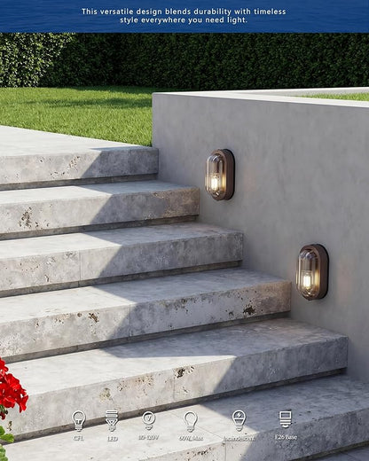 FEMILA 8.5" Oval Bulkhead Light, Modern Exterior Wall Sconce, ORB, 2 Pack Outdoor Wall Light & Ceiling Flush Mount, Ripple Glass, IP44 Waterproof, Front Porch Light for Patio, 4FYX104F-2 ORB SW