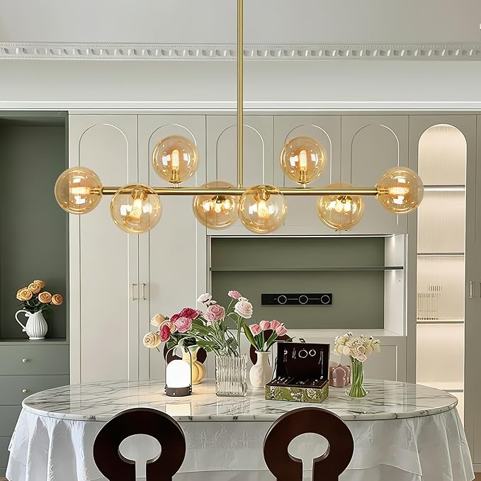 Gold Linear Chandeliers for Dining Room, 8-Light Amber Glass Globe Chandelier Modern Sputnik Chandelier Mid Century Dining Room Light Fixture Pendant Kitchen Island Lighting, Electroplated Brass, 37"