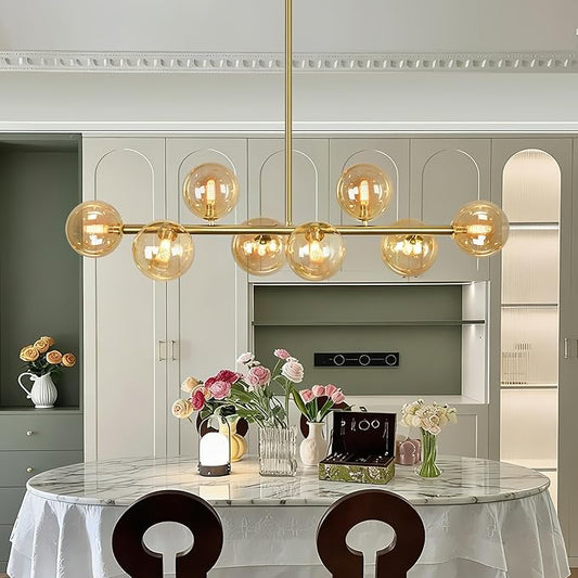 Gold Linear Chandeliers for Dining Room, 8-Light Amber Glass Globe Chandelier Modern Sputnik Chandelier Mid Century Dining Room Light Fixture Pendant Kitchen Island Lighting, Electroplated Brass, 37"