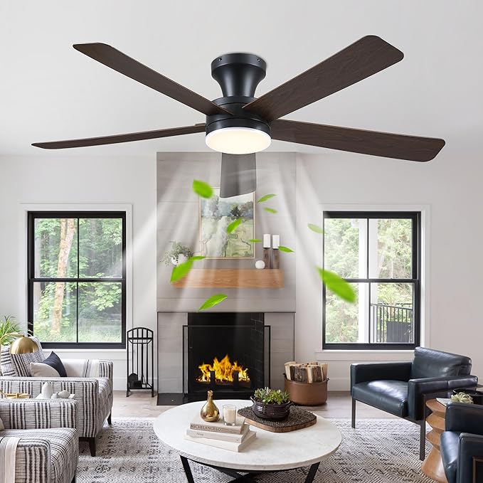 Ayaoty 46" Ceiling Fans with Lights and Remote - Flush Mount Ceiling Fan Light with ABS Blades and 3CCT Dimmable, Reversible, Low Profile Fan Light for Indoor Modern Bedroom, Kitchen, Brown