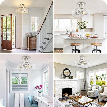 3-Light Semi Flush Mount Light Fixture, Modern Industrial Glass Ceiling Light with E26 Base, Metal Semi Flush Ceiling Light for Living Room Kitchen Bedroom Hallway Balcony, No Bulbs, Brushed Nickel