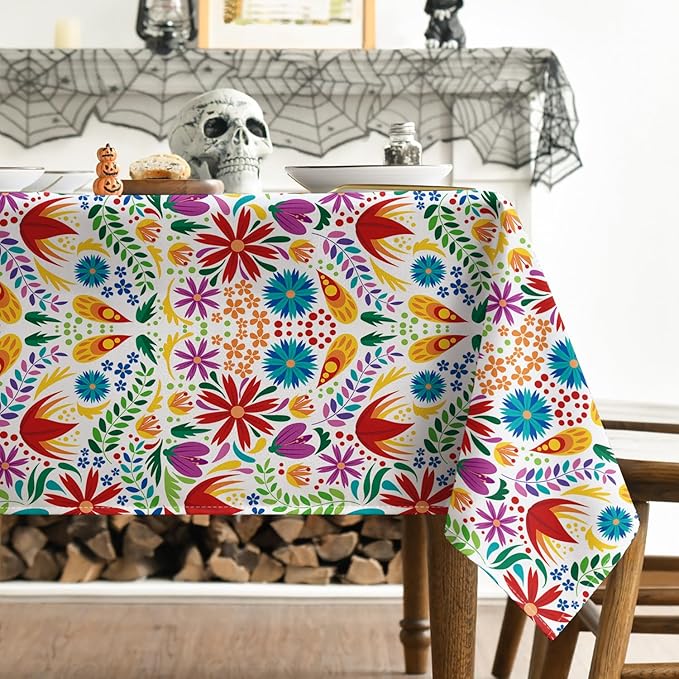 Horaldaily Mexico Tablecloth 60x84 Inch Rectangular, Halloween Cinco Dia De Los Muertos Design White Seasonal Table Cover for Party Picnic Dinner Decor