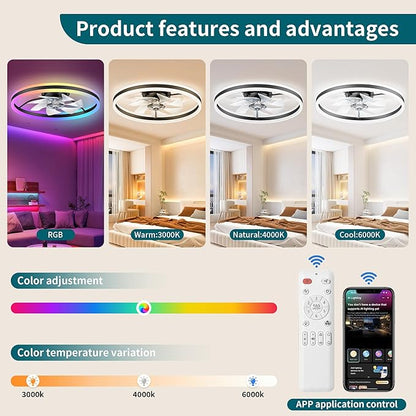 Ceiling Fans with Lights and Remote, 20" Low Profile Ceiling Fan, Dimmable Modern Flush Mount LED Fan Light, 6 Wind Speeds, Black Fandelier Ceiling Fans for Bedroom (Multicolor)