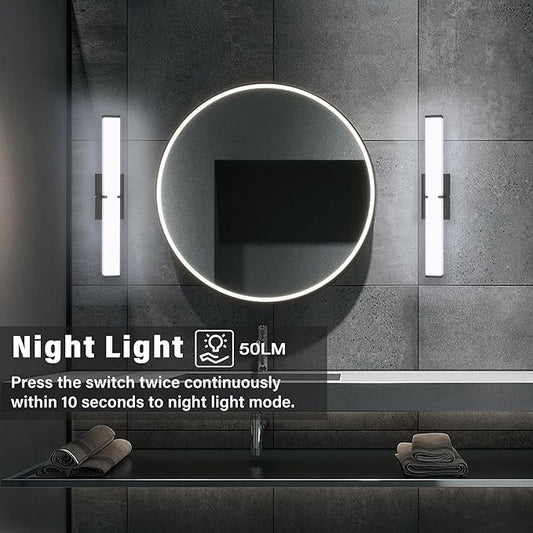 Bathroom Vanity Light with Night Light Cool White 5700K Black Modern Matte Bathroom Lighting Fixtures; 24 Inch IP44 25W Equivalent to Incandescent 250W for Over Mirror Vanity Light ETL Listed