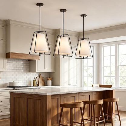 HYDELITE Vintage Black Pendant Light with 15" Off-White Linen Fabric Shade Adjustable Height Chandelier with Metal Frame for Kitchen Island Bedroom Dining Room Living Room