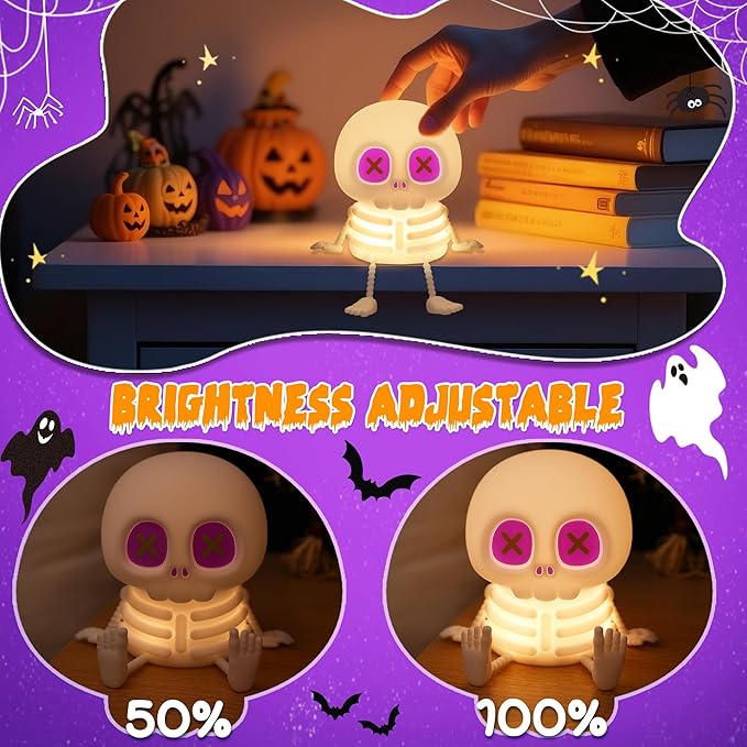 Skull Night Light, Cute Skeleton Lamp, Silicone LED Color Changing & Dimmable Helloween Room Summerween Party Decor, Squishy Rechargeable Bedside Nightlight for Christmas Birthday Gifts