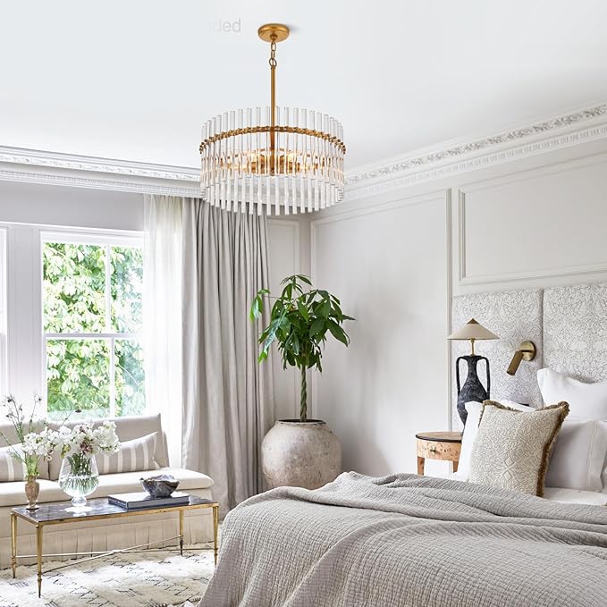 Glass Chandelier for Entryway, Gold Pendant Light for Hallway, Modern Hanging Light Fixture for Kitchen Island Dining Room Bedroom Foyer, Dia 24 Inch