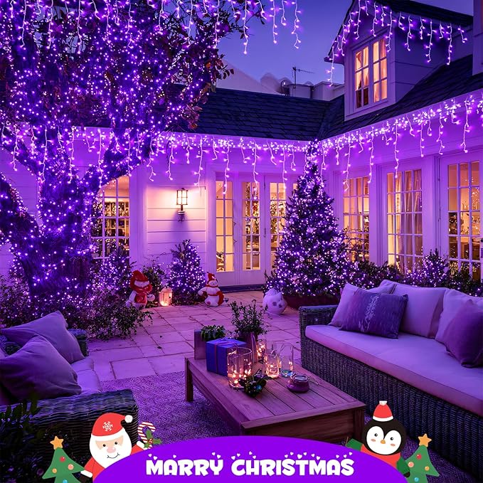 JMEXSUSS Purple Christmas Icicle Lights, 38.8 FT 400 LED Icicle Light Outdoor Waterproof, 8 Modes Purple Halloween Lights with 80 Drops Plug in for House Christmas Party Decorations