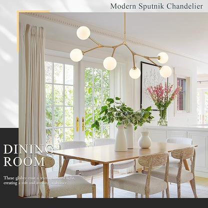 Modern 6 Lights Sputnik Chandelier for Dining Room L45’’ Gold Pendant Light Fixture with Milk Glass Shade Large Mid Century Chandelier for Kitchen Island Bedroom Living Room