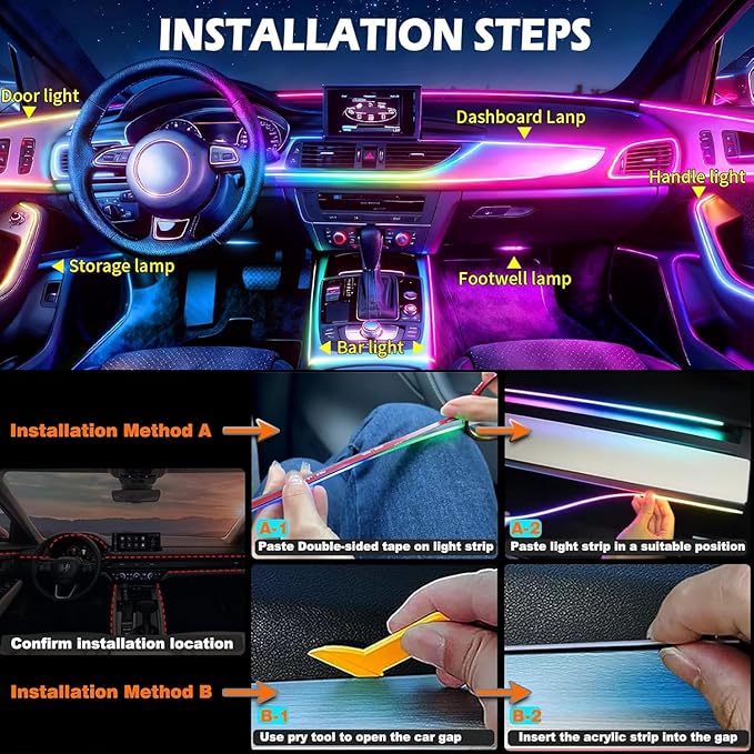 Acrylic Interior Car LED Strip Light with APP Remote Control,235 inches 8 in 1 RGB Dreamcolor Neon Flexible Strip Fiber Optic LED Ambient Lighting Kits,RGB Music Lights Sync for Inside car Decorations