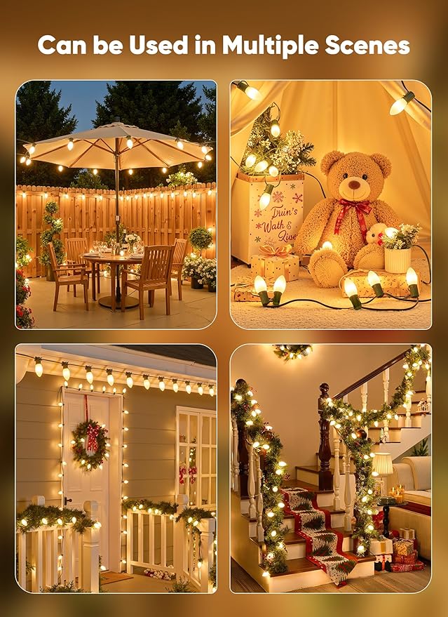 Vintage C9 LED Christmas Lights Outdoor, 50 Feet C9 String with 50 Shatterproof Matte Bulbs, Connectable Waterproof Tree Lights for Holiday Roofline, Backyard Garden Decor, Warm White