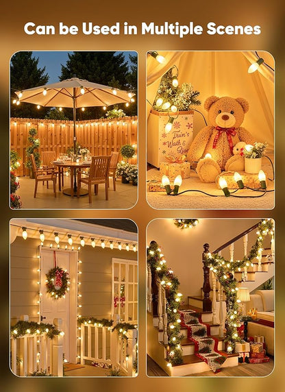 Vintage C9 LED Christmas Lights Outdoor, 50 Feet C9 String with 50 Shatterproof Matte Bulbs, Connectable Waterproof Tree Lights for Holiday Roofline, Backyard Garden Decor, Warm White