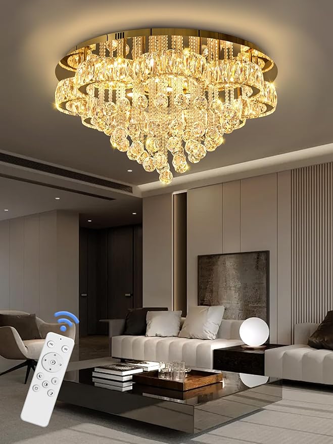 W32in Crystal Ceiling Chandelier Modern Gold Chandeliers Raindrop Crystal Ceiling Lighting Fixture Flush Mount Chandelier for Living Room Hallway Dining Room Kitchen Bedroom