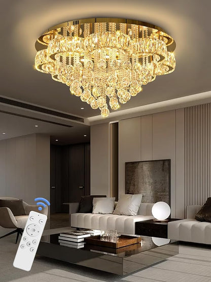 W32in Crystal Ceiling Chandelier Modern Gold Chandeliers Raindrop Crystal Ceiling Lighting Fixture Flush Mount Chandelier for Living Room Hallway Dining Room Kitchen Bedroom