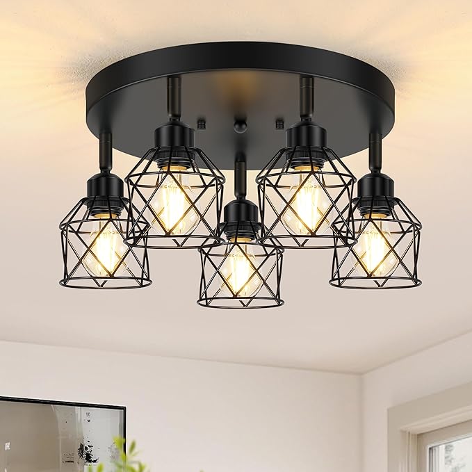Baocuz 5-Light Adjustable Kitchen Light Fixtures, Multi-Directional Black Ceiling Light Fixtures, Semi Flush Mount Ceiling Light, Vintage Metal Cage Spotlight Fixture for Hallway Dining Room Entryway