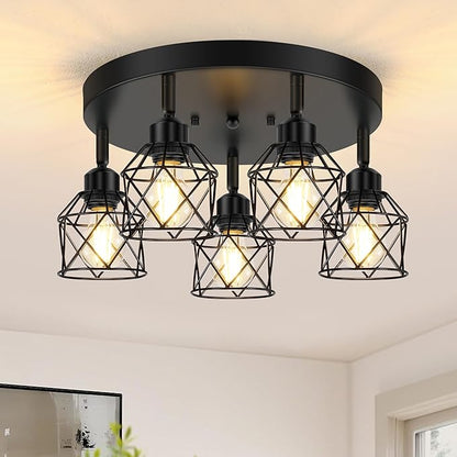 Baocuz 5-Light Adjustable Kitchen Light Fixtures, Multi-Directional Black Ceiling Light Fixtures, Semi Flush Mount Ceiling Light, Vintage Metal Cage Spotlight Fixture for Hallway Dining Room Entryway