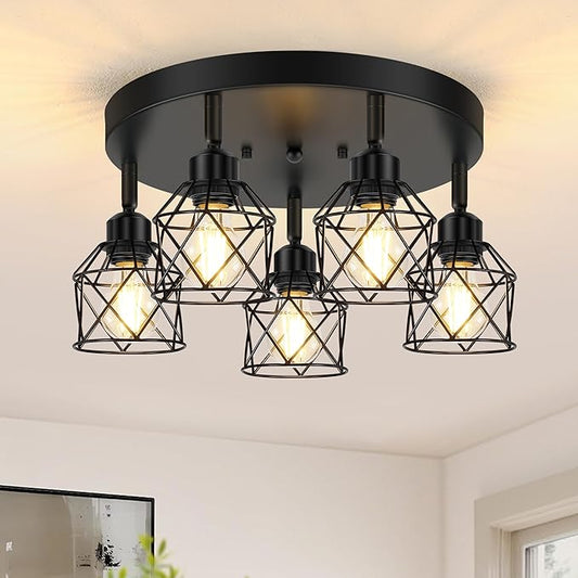 Baocuz 5-Light Adjustable Kitchen Light Fixtures, Multi-Directional Black Ceiling Light Fixtures, Semi Flush Mount Ceiling Light, Vintage Metal Cage Spotlight Fixture for Hallway Dining Room Entryway
