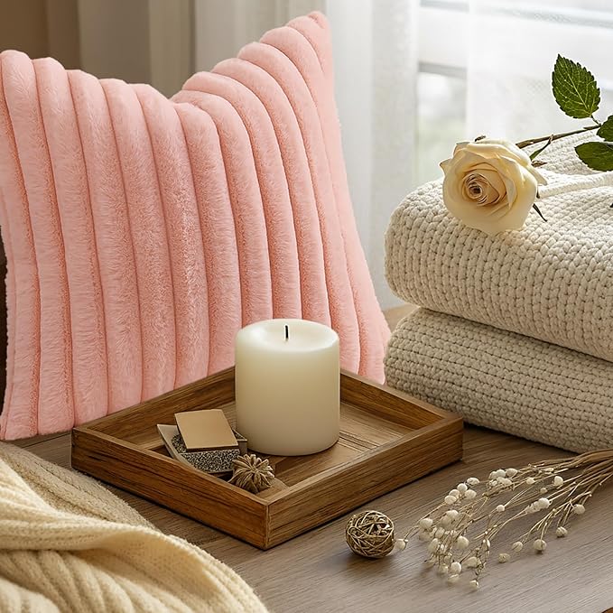 decorUhome Summer Cozy Faux Fur Throw Pillow Covers 26x26 Set of 2 Decorative Plush Striped Modern Farmhouse Boho Couch Euro Sham Pillow Cases with Velvet Back for Sofa Bed Living Room, Blush Pink