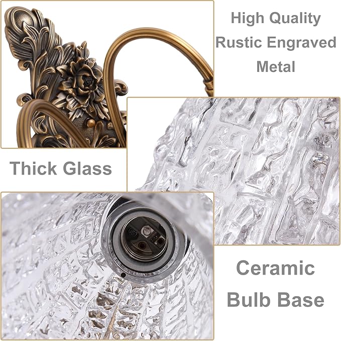 Rustic Glass Wall Sconce Vintage Antique Gothic Bronze Wall Light Fixture Retro Mid Centry Glass Wall Sconce for Bedroom, Living Room, Mirror, Hallway
