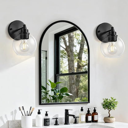 Black Bathroom Vanity Lights, 1-Light Wall Sconce with Glass Globe Shade, Vanity Lighting for Bathroom/Bedroom/Dressing Room, Vertical/Horizontal Mounted, E26 Bulb Base (Bulb Not Included)