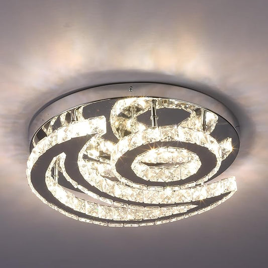 15.7" Modern LED Ceiling Light Flush Mount Crystal Chandelier Light Fixture Round Moon Shape Modern Chandeliers for Living Room Bedroom Bathroom Hallway(3 Color Changable)