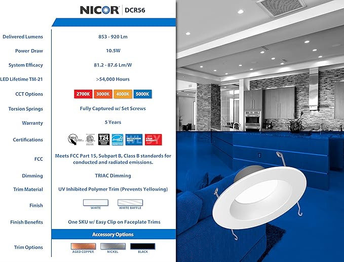 NICOR Lighting DCR561081204KWH LED Downlights, 1 Count (Pack of 2), White