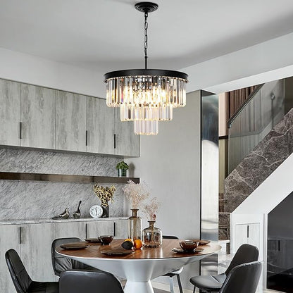 Weesalife Crystal Chandeliers for Dining Room Lights Fixtures, 9 Lights Black Modern Chandeliers for Bedroom, 3-Tier Round Crystal Lighting Fixtures for Living Room Entryway Kitchen Island D20 Inch