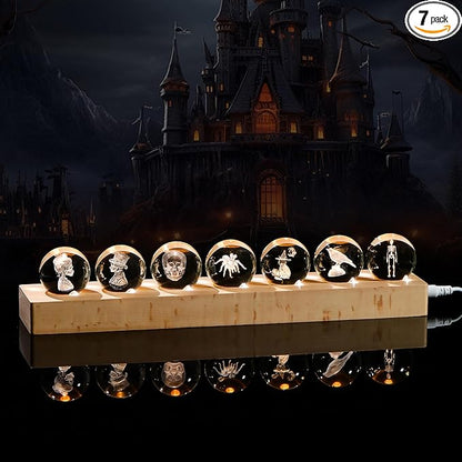 Qianwei 3D Crystal Ball Gothic Halloween Decor with Led Lamp Base - Best Birthday Gift for Man Teacher Boy Kids - Skeleton Bride Gloom Spider Skull Wizard Cat Raven Gifts
