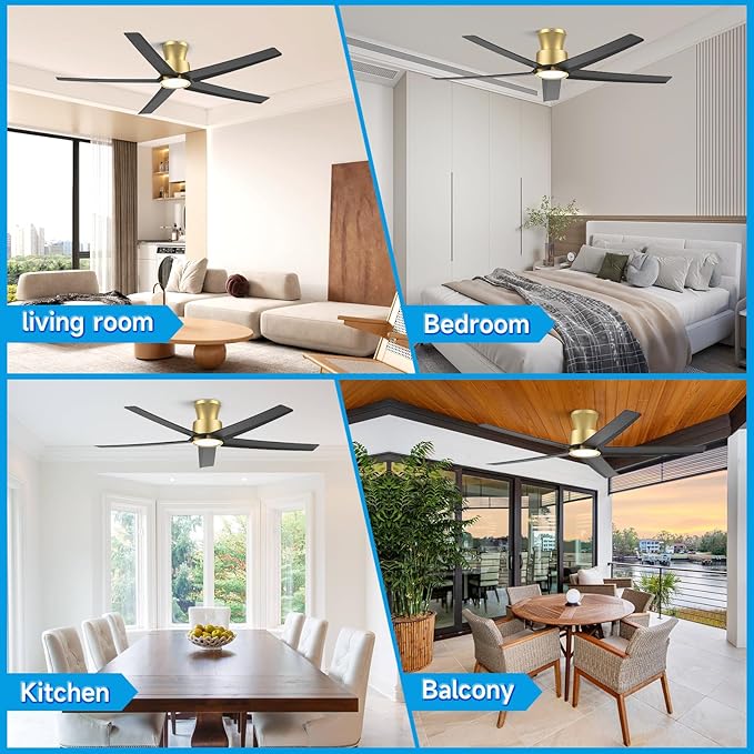 ocioc 52 inch Ceiling Fans with Lights, Large Air Volume Ceiling Fans with Reversible Quiet DC Motor and Remote（Black-Gold）