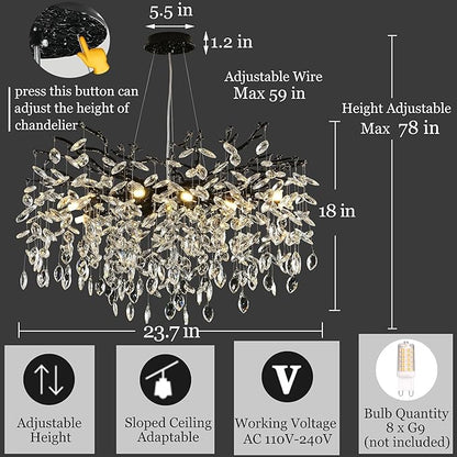 Modern Crystal Tree Branch Chandelier, Black Round Art Deco Pendant Light Raindrop Lighting Fixture for Dining Room Bedroom Foyer 8 Lights D23.7''