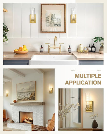 Emak Wall Sconces Set of Two, Modern Brushed Gold Sconce with Clear Glass Shade, Bathroom Lighting Fixtures for Mirror, Living Room, Bedroom, Gallery, WS086-BGD-CG-2PK