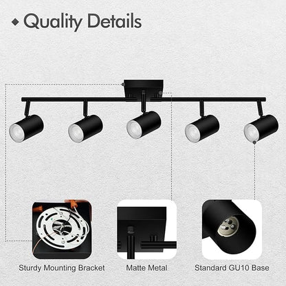 AUQUEE 5 Light Track Lighting Fixtures Ceiling, Matte Black Kichen Track Lighting, Rotatable Light Heads, Adjustable Modern LED Track Lights for Kitchen/Living Room/Hallway/Bar,GU10 Bulb Not Included