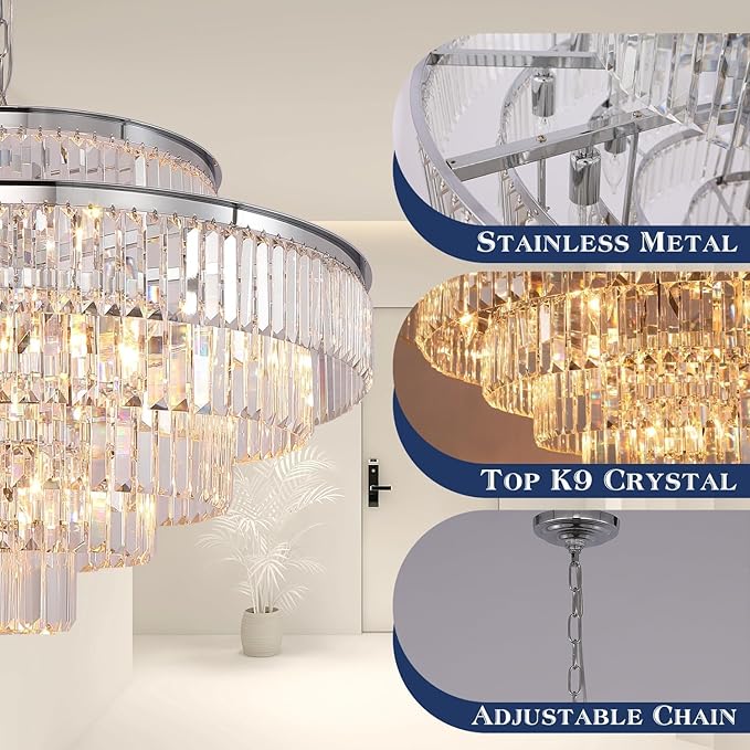Crystal Chandelier Chrome Modern Luxury Pendant 7-Tier 31" Ceiling Lights Fixture for Dining Room, Living Room, Foyer