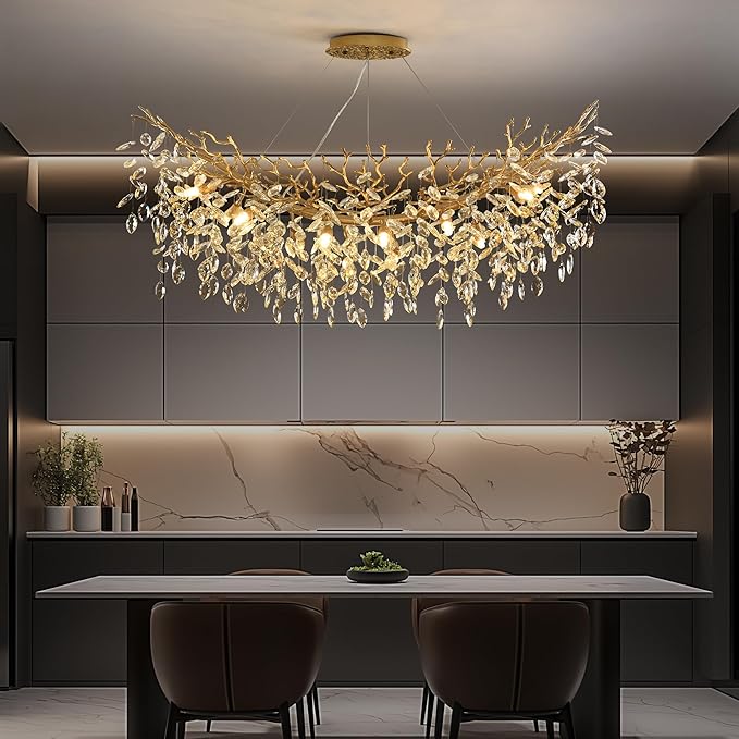 Rectangle Crystal Tree Branch Chandelier, L47.3'' Modern Luxury Gold Linear Art Deco Raindrop Pendant Lighting Fixture for Kitchen Island Foyer Living Room Dining Room 12 Lights