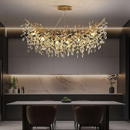 Rectangle Crystal Tree Branch Chandelier, L47.3'' Modern Luxury Gold Linear Art Deco Raindrop Pendant Lighting Fixture for Kitchen Island Foyer Living Room Dining Room 12 Lights