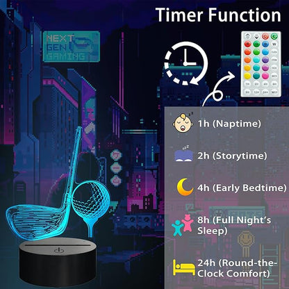 Golf Night Light, Golf Club Gifts, 3D Illusion Lamp with 16 Colors Changing, Timer, 4 Flash Modes and Dimmable, Men Boys Girls Room Decoration, Holiday Xmas Gifts