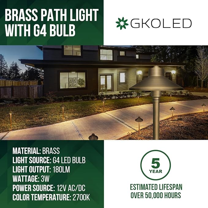 GKOLED Solid Brass Landscape Path Lights (6.7" Shade, 20" Tall), Low Voltage LED 3W 12-24V AC/DC China Hat Path Lighting, 2700K Outdoor Waterproof Walkway Light, with Stake and G4 Bulb, 6 Pack