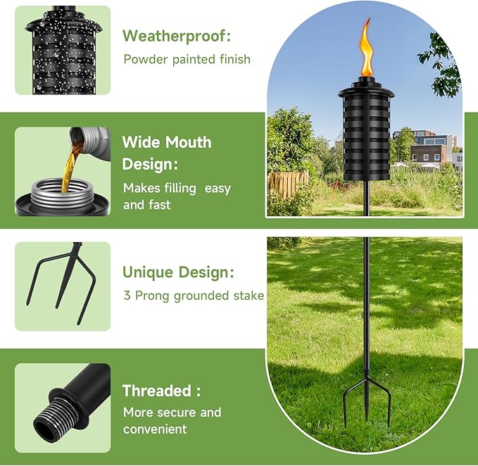 ZSZMFH 4 Pcs Metal Torch for Outside, 16oz Outdoor Metal Torch Garden Décor,59-Inch Upgraded Citronella Torches with 3-Prong Grounded Stake, Table Top Torches for Party Patio Pathway