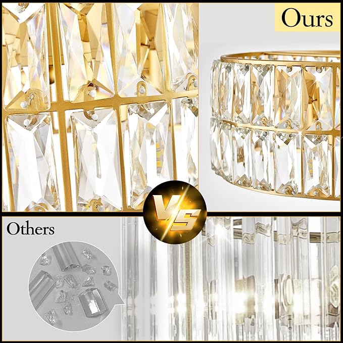 CATINER Small Gold Crystal Chandeliers, Modern Semi Flush Mount Chandelier 4-Light Drum Crystal Ceiling Pendant Light Fixture 12” for Foyer Entryway Kitchen Hallway Dining Room