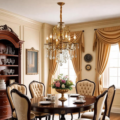 Vintage 6 Arms Crystal Chandelier Candle Light Fixture for Dining Room Living Room Bedroom Hallway Entryway Antique Gold Finish (23"-6 Lights)