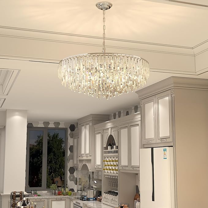 Modern Crystal Chandelier Chrome, 32" Round Luxury Top K9 Crystal Chandeliers 6-Tier 13 Lights Large Adjustable Height Ceiling Hanging Pendant Light Fixture for Living Room Bedroom Foyer