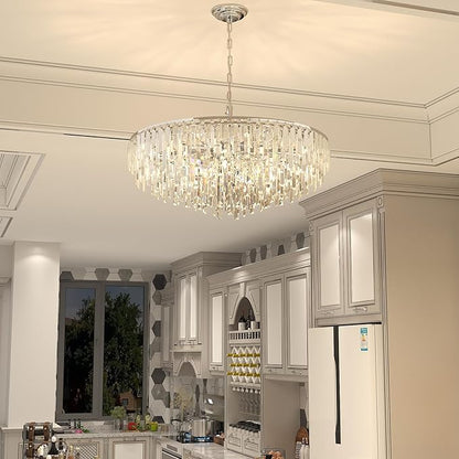 Modern Crystal Chandelier Chrome, 32" Round Luxury Top K9 Crystal Chandeliers 6-Tier 13 Lights Large Adjustable Height Ceiling Hanging Pendant Light Fixture for Living Room Bedroom Foyer