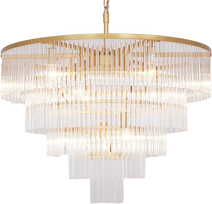 Modern Multi-Tier Crystal Chandelier 5-Tier Round Gold Finish Ceiling Light -Cylindrical Glass Rods -Dining Room Living Room Bedroom Entryway -Luxury Lighting Fixture 27.5''