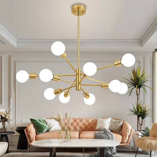 Sputnik Chandelier Modern Gold Chandelier Mid Century Ceiling Lighting Fixtures 10 Lights E26 for Living Room, Kitchen Island, Bedroom, Dining Room, and Farmhouse