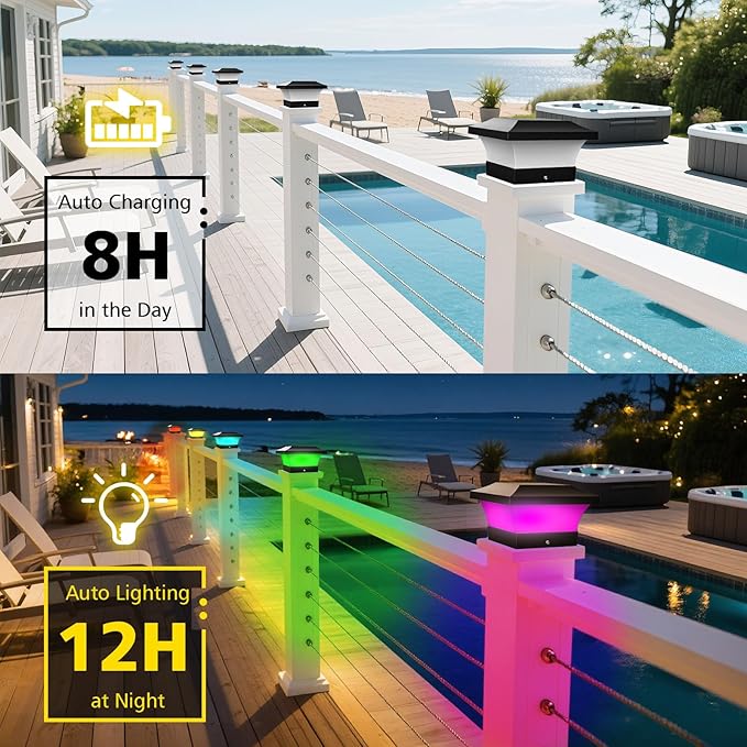 T-SUN 4X4 Post Solar Lights, Outdoor Waterproof RGB Color Changing Light for 4X4 5X5 6X6 Wood/Vinyl/Fence Posts, Deck, Solar Post Lights for Patio Garden Decor or Fence(2 Pack)