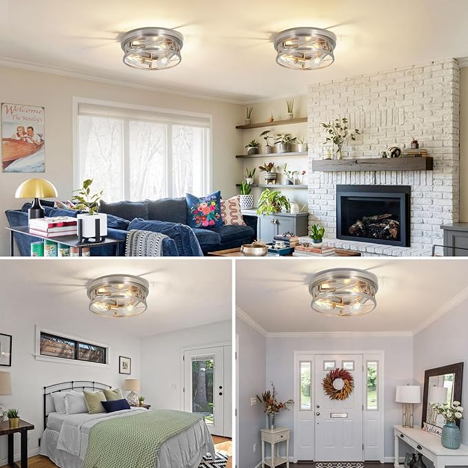 Farmhouse Ceiling Light - Dimmable Rustic Black Flush Mount E26 Industrial Ceiling Modern Led for Hallway Livingroom Kitchen Bedroom (1 Pack - Brushed Nickel, 12 Inch - 3 Lamp Holders)