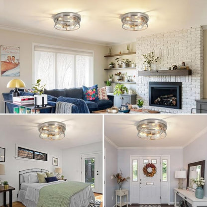 Farmhouse Ceiling Light - Dimmable Rustic Black Flush Mount E26 Industrial Ceiling Modern Led for Hallway Livingroom Kitchen Bedroom (1 Pack - Brushed Nickel, 12 Inch - 3 Lamp Holders)