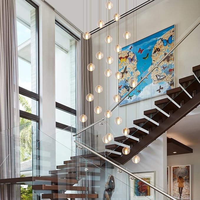 25 Lights Staircase Chandelier for High Ceiling, Dimmable Modern Crystal Raindrop Large Long Hanging Pendant Light for Stairwell Living Room Stair Foyer, Bulbs Included (Nickel Canopy)